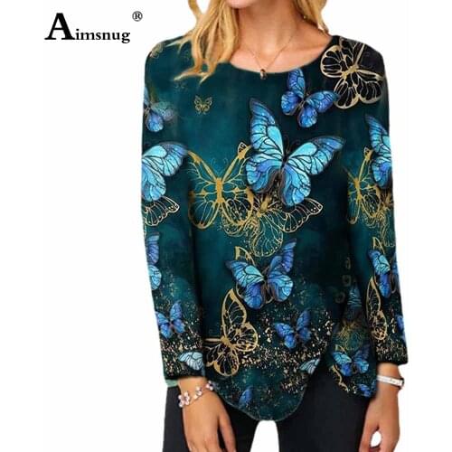 Plus Size 4xl 5xl Women Bohemian T-shirt Long Sleeve Model Butterfly Print Tops Clothing 2021 Autumn Irregular Tees shirt Femme