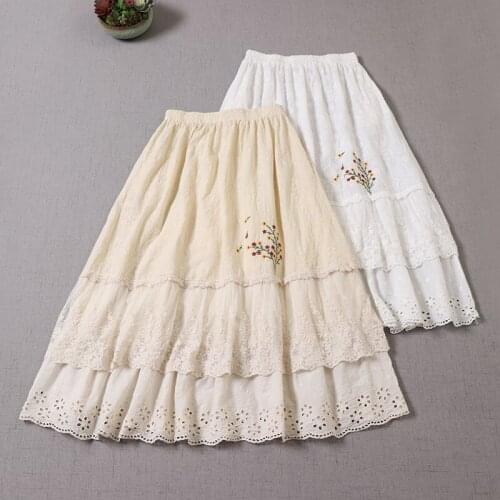 Mori Girl Fairy Skirt Cute Embroidery Lace Hollow out Embroidered A-line Skirt Women