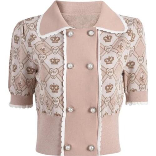 2021 New Women French Retro Style Polo Collar Classic Printing Short Sleeve T Shirt Slim Waisted Fashion Cropped Knit Top Y1160