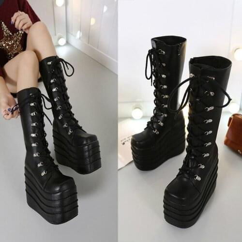 OLOMLB Womens Lolita Creeper Punk Gothic Super High Platform Wedge Ankle Boots Shoes 16CM Heel Knee Long Cosplay Plus Size