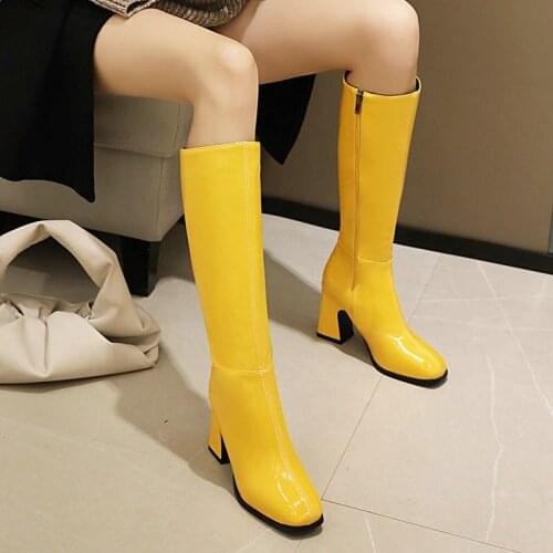 2021 Autumn Winter Patent Leather Knee High Boots Ladies Thick High Heel Rider Boots Fashion Zipper Plus Size Womens Shoes