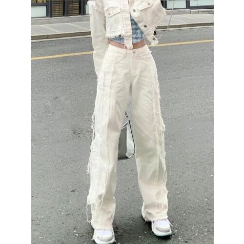 High street white Jeans Women tassle Wide Leg Trousers Hip-hop cotton Loose Retro broken Cool Girls Womens Denim pants New