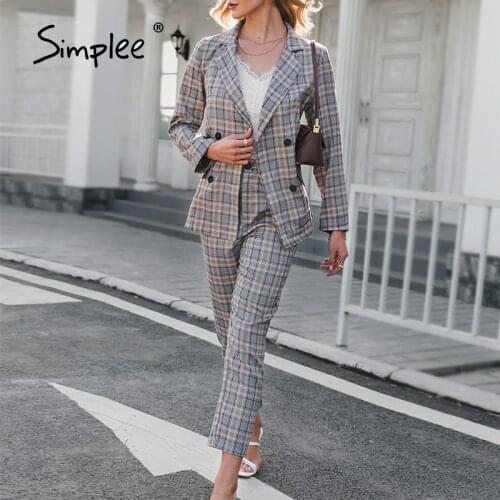 Simplee Elegant women plaid two-piece blazer suits Long-sleeved double-breasted coat pants set Chic fashion blazer lady outfit