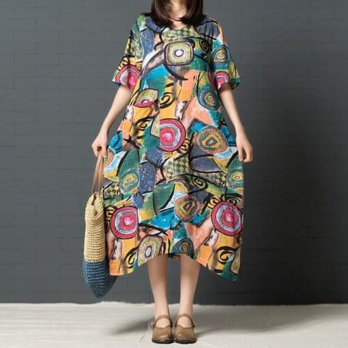 2021 New Arrival Thin Soft Cotton Linen Loose Summer Dress Print Floral Vintage Dress Women Holiday Travel Casual Beach Dress