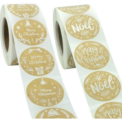 100-500Pcs Kraft Paper Merry Christmas Stickers Roll 1.5'' Noel Round Adhesive Labels XMAS Gift Decor Box bag Packaging Stickers