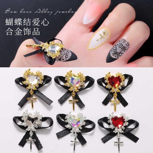 5pcs/lot Clear/AB Alloy Black Bow Retro 3D Nail Art Decorations Jewelry Gem Japanese Style Cross Manicure Design New Nail Charm