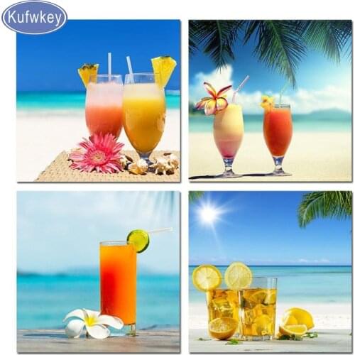 5d diamond mosaic full diamond embroidery 4pcs/set "summer/beach/fruit juice"square diamond painting cross stitch kitchen decor