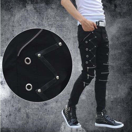 Casual personality fashion mens pants rivets zipper harem pant men feet trousers pantalones hombre cargo pantalon homme thin