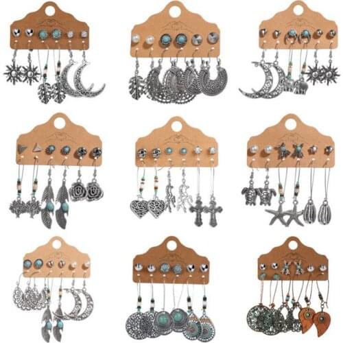 DIEZI Vintage Stud Earrings Set Women Girls New Brinco Sun Flower Moon Leaves Long Tassel Stud Earring Ethnic Fashion Jewelry