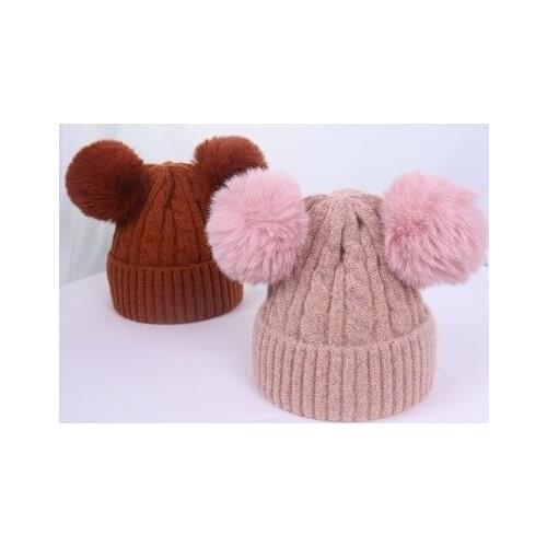 FOCUSNORM Autumn Winter Newborn Baby Girls Boys Knit Hats Cute Double Hairball Thickened Wool Solid Windproof Warm Hat