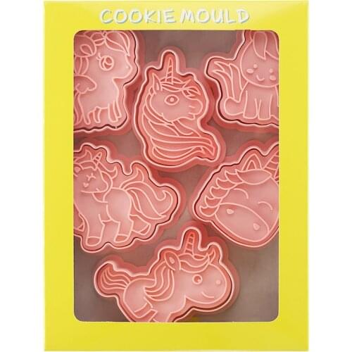6Pcs/set Unicorn Shape Cookie Cutters Plastic 3D Cartoon Pressable Biscuit Mold Cookie Stamp Kitchen Baking Pastry Bakeware Tool
