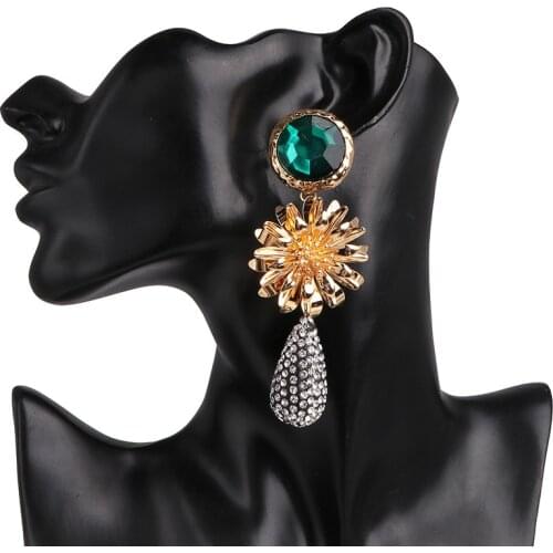 HYSECMAO Brand New Elegant Water Drop Earrings Green Crystal Big Dangle Earrings for Women Fashion Flower Wedding Party Jewelry