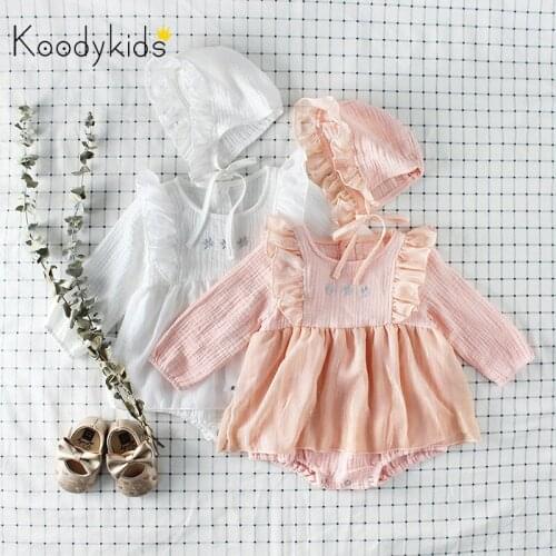 Koodykids 2020 Spring Baby Girl Bodysuits Autumn Nordic Cotton Party Rompers With Hat Baby Girl Clothes Set Fashion Cute Rompers