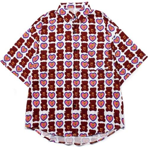 Summer New Trendy Ladies Thin Shirts Street Harajuku Love Heart Cartoon Bear Full Print Men Fashion All-Match Short-Sleeved Top