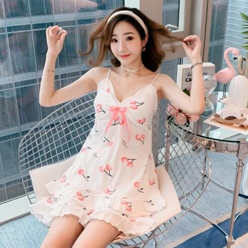 Summer Womens Cute Nightdress Sleeveless Cherry Lace Camisole Sleep Dress Shorts Casual Sleepwear V-Neck Sexy Nightwear