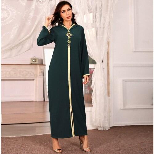 Marocain Abaya Dubai Turkey Islam Kaftan Muslim Hijab Dress African Women Clothing Robe Arabe Musulman Djellaba Rhinestone PW195