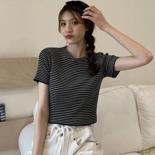Fashion Striped T-shirt Womens O Neck Short-Sleeved Crop Tops 2020 Summer New Casual Slim T-Shirt