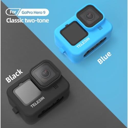 TELESIN Go Pro 9 Soft Silicone Case Lens Cap Blue Black Adjustable Handle Wrist Strap For GoPro Hero 9 Black Accessories