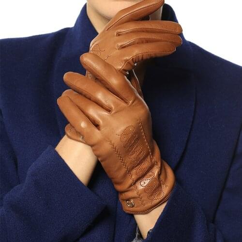 Real Leather Gloves Female Thermal Knitted Lined High Quality Genuine Leather Sheepskin Driving Woman Gloves EL001NR-1
