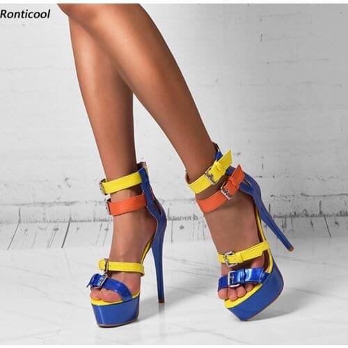 Ronticool New Women Summer Platform Sandals Sexy Stiletto Heels Multi Color Open Toe Gorgeous Metallic Blue Shoes US Size 5-20