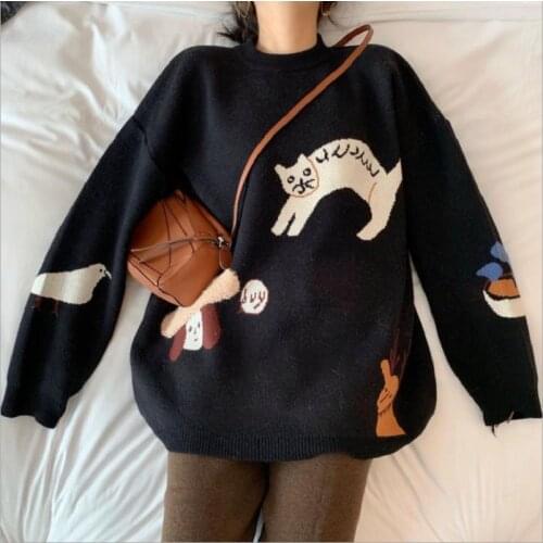 Korean Woman Sweater Spring Winter Women Clothes New cute cartoon Pattern Loose Long sleeve pullover Sweater Womens Tops