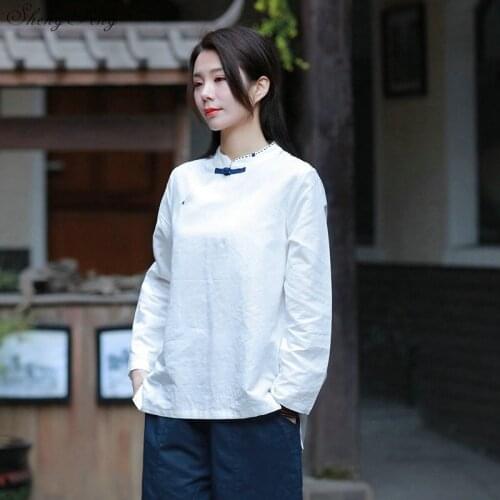 Traditional chinese shirt 2019 Chinese Style Cotton Linen Top Retro Folk Tea Clothing Zen Blouses white green red Q764