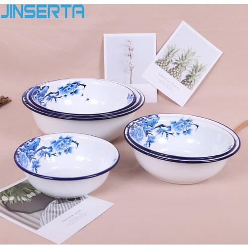 JINSERTA Vintage Enamel Bowl Thicken Large Old-fashioned Printing Flower Soup Pots Retro Home Kitchen Restaurant Food Container