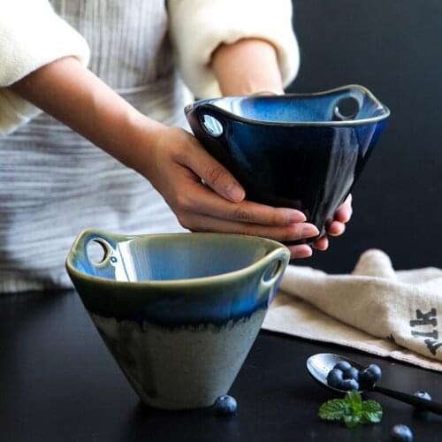 Vintage Unique Ceramic Bowl For Noodle Soup Fruit Salad Two-ear Design For Chopstick Decoraive Container For Kitchen Restaurant