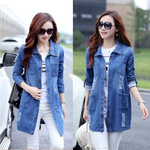 Plus Size S-5XL Basic Long Jeans Coats Women Ripped Denim Jacket Vintage Frayed Hole Outerwear Single-Breasted Windbreaker