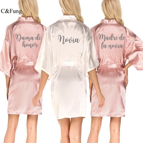 C&Fung dusty rose bridal satin robe women dama de honor Espanol spanish wedding robe novia kimono bride party bridesmaid robes
