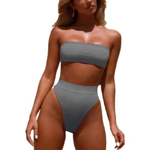 Womens Sexy 2 Piece Bikini Set Strapless Bandeau Removable Pad Swimsuit High Waist Thong Solid Color Bathing Suit