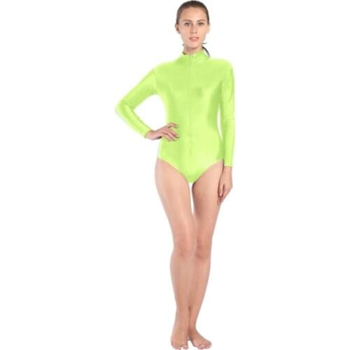 Womens front zipper half pack long sleeve Spandex Bodysuit girls Gymnastics tights