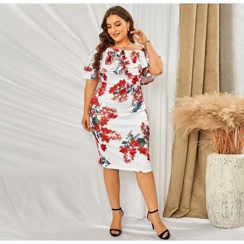 2021 Fashion Women Summer Dress Off Shoulder Ruffles Short Sleeve Floral Print Slim Bodycon Pencil Dress Plus Size 4XL 5XL Dress