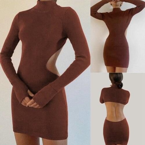 Womens Fashion Sexy High Neck Halter Tight-Fitting Bag Hip Solid Color Dress Brown