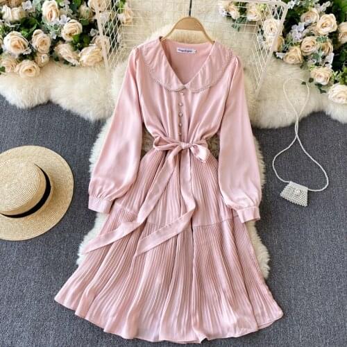 Spring 2021 European Style Retro Pink Princess Vestidos Female Peter Pan Collar Puff Sleeve Solid Pleated Dresses For Women