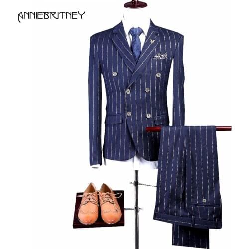 2018 New Brand Navy Blue Stripes Men Suit Double Breasted Tuxedo Slim Fit 2 Piece Jacket Groom Blazer Prom Wedding Suits Ternos