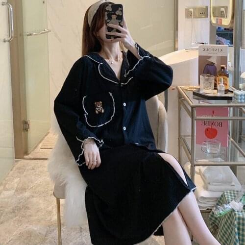 2021 Autumn Long Sleeve Cotton Nightgowns for Women Korean Loose Sleepwear Long Dress Night Gown Nightdress Home Nighty Homewear