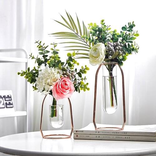 Golden Glass Vase decoration home Iron Hydroponic Plant Flower Vase Tabletop Office Home Decoration Accessories for Living Room