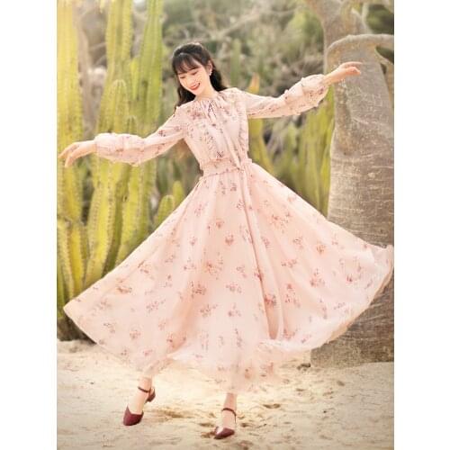 Free Shiping Boshow 2021 Fashion Women Long Maxi Lantern Sleeve Dresses Spring Summer Bohemian Pink Flower Ruffles Dress Chiffon