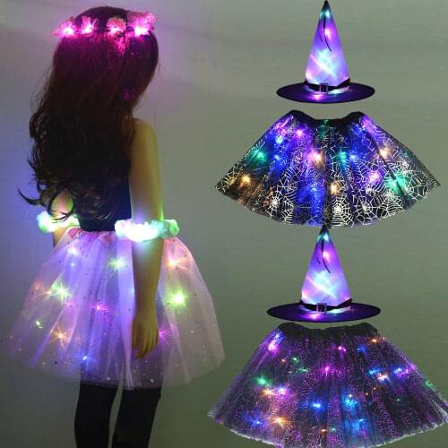 Party Kids Girl LED Glow Light Witch Hat Spider Web Cobweb Skirt Halloween Christmas Costume Cosplay Cat Animal Ears Fancy Dress