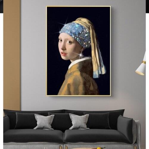 Girl with Pearl Earrings Famous Art Oil Painting on Canvas Reproduction Wall Art Posters Girl Bling Headband Picture Home Decor