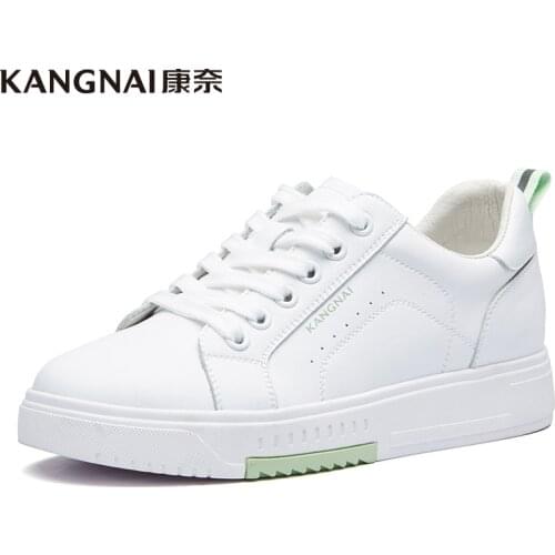 KANGNAI Sneakers Women Shoes Genuine Leather Lace-Up White Sports Shoes Ladies Platform Flats