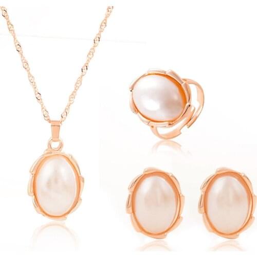 Luxury Jewelry Set Romantic Simple Style Imitation Pearl Necklace Earring Ring Wedding Party Jewelry Set Top Quality 3 pcs/set