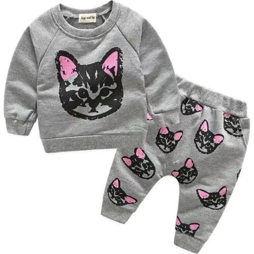Girls Korean cartoon cat print cotton sweater casual harem pants two sets k1