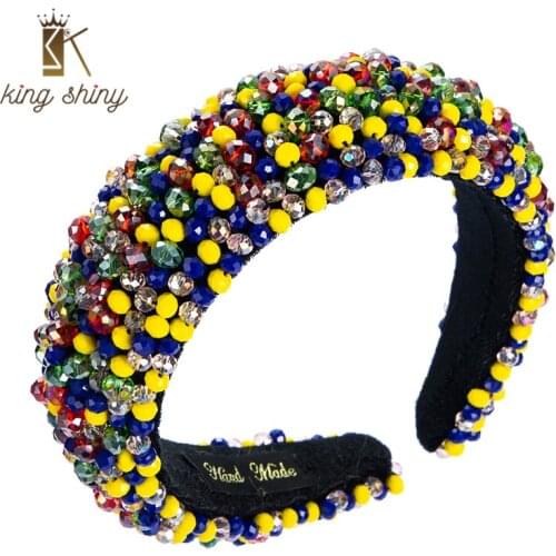 King Shiny Gorgeous Color Crystal Beaded Headband Luxury Hand Made Diamond Thick Sponge Hairband Girls Wedding Party Tiara Bezel