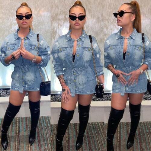 Hot sale New women waist belt Denim Jacket Women Coat Casual Ripped Holes Womens Jean Jackets