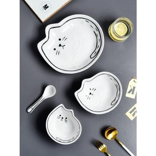 Japanese Style 3D Cat and Fish Plate and Bowl Set Cute Creative Cartoon Dinnerware Set Salad Bowl Fruit Large Size