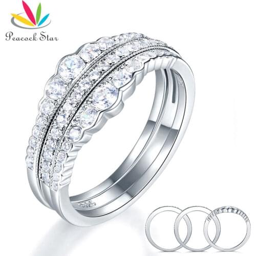 Peacock Star Solid 925 Sterling Silver Wedding Band Ring Set 3-Pieces Anniversary Art Deco Vintage CFR8270