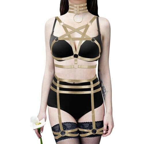 Harness Pentagonal Goth Women Bondage Suspender Belt Slim Body Binding Strappy Erotic Hollow Out Adjust Waist Sexy Lingerie Set