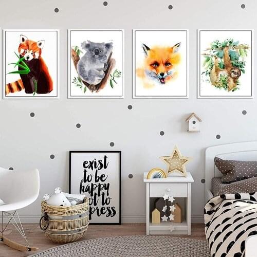 Cartoon Animal Print Poster Simple Watercolor Koala Raccoon Fox Canvas Painting Childrens Room Bedroom Wall Art Aesthetic Decor